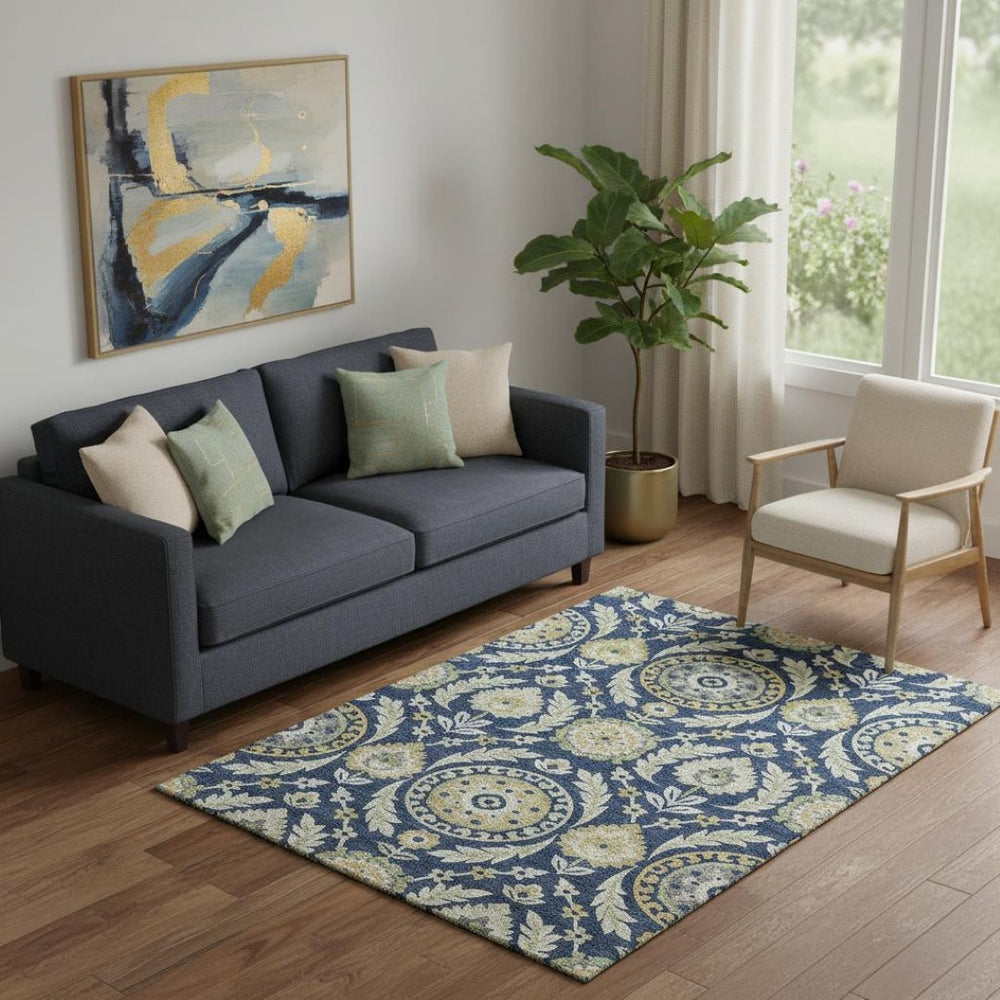 HomeRoots 5' X 8' Stylish Navy Blue Floral Area Rug with Gold and Beige Accents - Washable & UV Protected! 663217