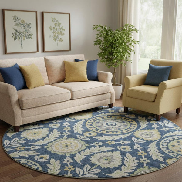 HomeRoots 8' Navy Blue Floral Washable Round Rug with Gold and Beige Accents - UV Protected & Stain Resistant 663218