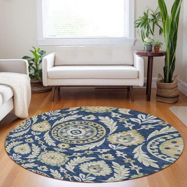 HomeRoots 8' Navy Blue Floral Washable Round Rug with Gold and Beige Accents - UV Protected & Stain Resistant 663218