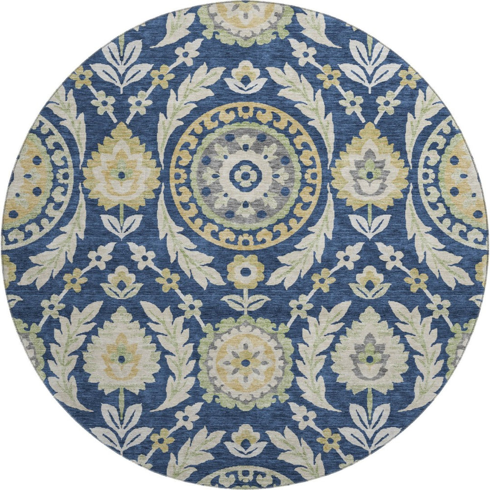 HomeRoots 8' Navy Blue Floral Washable Round Rug with Gold and Beige Accents - UV Protected & Stain Resistant 663218