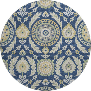 HomeRoots 8' Navy Blue Floral Washable Round Rug with Gold and Beige Accents - UV Protected & Stain Resistant 663218