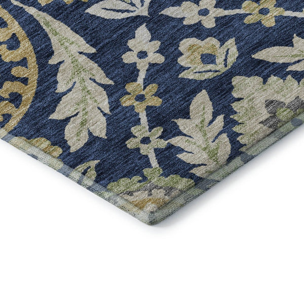 HomeRoots 8' Navy Blue Floral Washable Round Rug with Gold and Beige Accents - UV Protected & Stain Resistant 663218