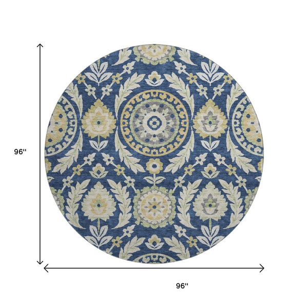 HomeRoots 8' Navy Blue Floral Washable Round Rug with Gold and Beige Accents - UV Protected & Stain Resistant 663218