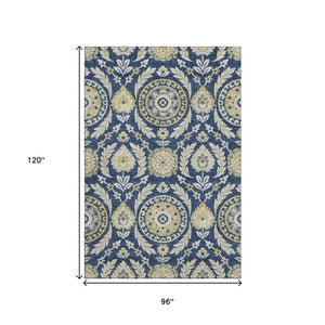 HomeRoots 8' X 10' Elegant Navy Blue Floral Area Rug with Gold & Beige Accents – Washable, UV Protected, Durable 663219