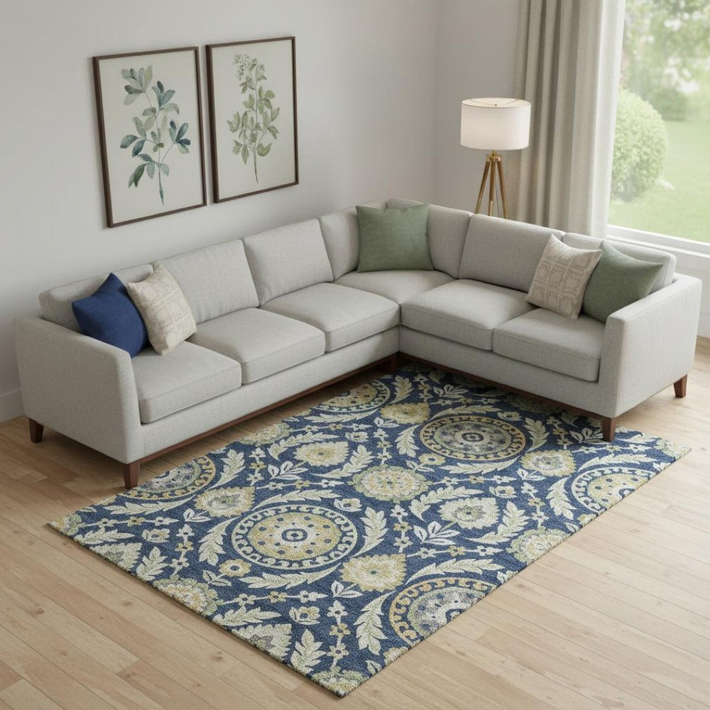 HomeRoots 8' X 10' Elegant Navy Blue Floral Area Rug with Gold & Beige Accents – Washable, UV Protected, Durable 663219
