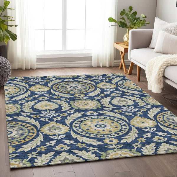 HomeRoots 8' X 10' Elegant Navy Blue Floral Area Rug with Gold & Beige Accents – Washable, UV Protected, Durable 663219