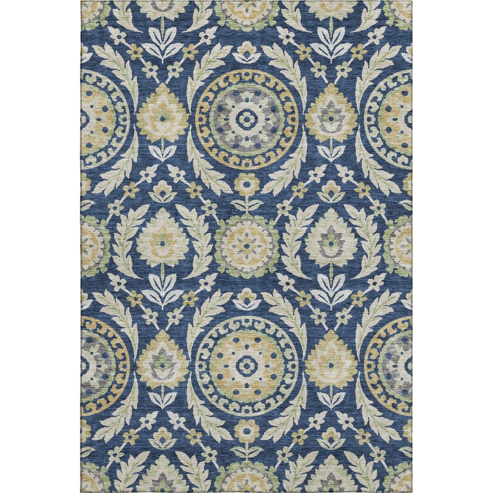 HomeRoots 8' X 10' Elegant Navy Blue Floral Area Rug with Gold & Beige Accents – Washable, UV Protected, Durable 663219