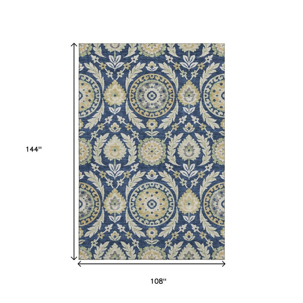 HomeRoots 9' X 12' Elegant Navy Blue Floral Area Rug with Gold & Beige Accents - Washable & UV Resistant Design 663220