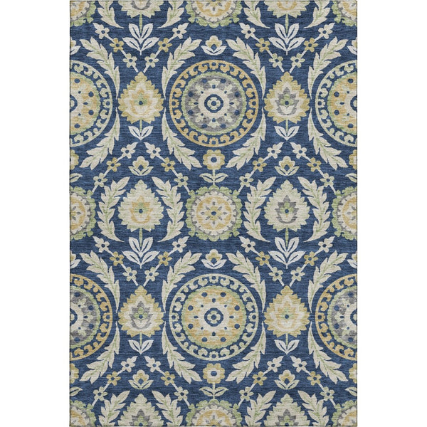 HomeRoots 9' X 12' Elegant Navy Blue Floral Area Rug with Gold & Beige Accents - Washable & UV Resistant Design 663220