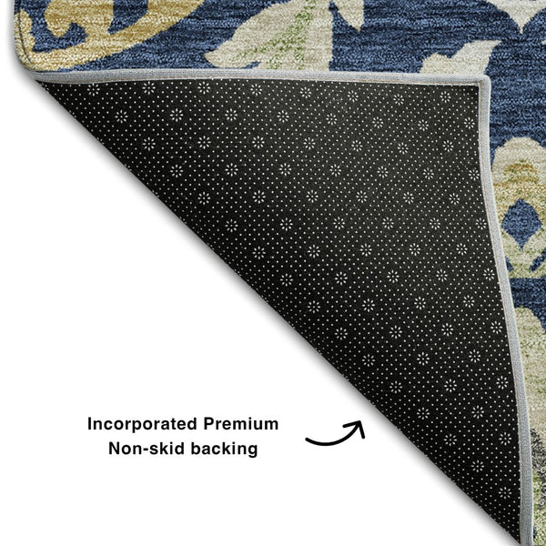 HomeRoots 9' X 12' Elegant Navy Blue Floral Area Rug with Gold & Beige Accents - Washable & UV Resistant Design 663220