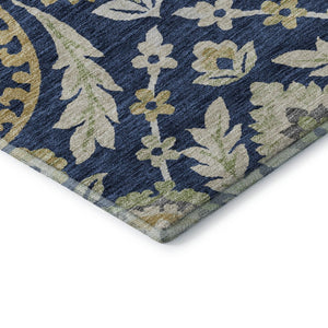 HomeRoots 9' X 12' Elegant Navy Blue Floral Area Rug with Gold & Beige Accents - Washable & UV Resistant Design 663220