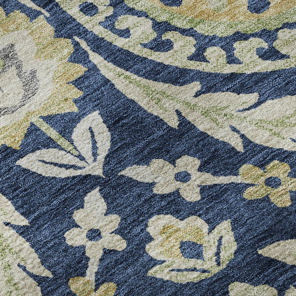 HomeRoots 9' X 12' Elegant Navy Blue Floral Area Rug with Gold & Beige Accents - Washable & UV Resistant Design 663220