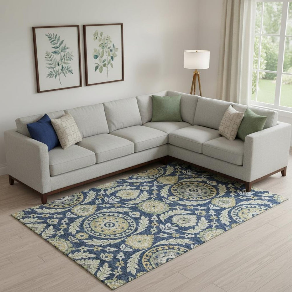 HomeRoots 9' X 12' Elegant Navy Blue Floral Area Rug with Gold & Beige Accents - Washable & UV Resistant Design 663220