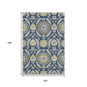 HomeRoots 10' Navy Blue Floral Area Rug - Washable, UV Protected, Durable & Stylish for Modern Living Spaces 663221