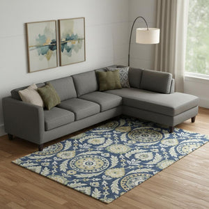HomeRoots 10' Navy Blue Floral Area Rug - Washable, UV Protected, Durable & Stylish for Modern Living Spaces 663221