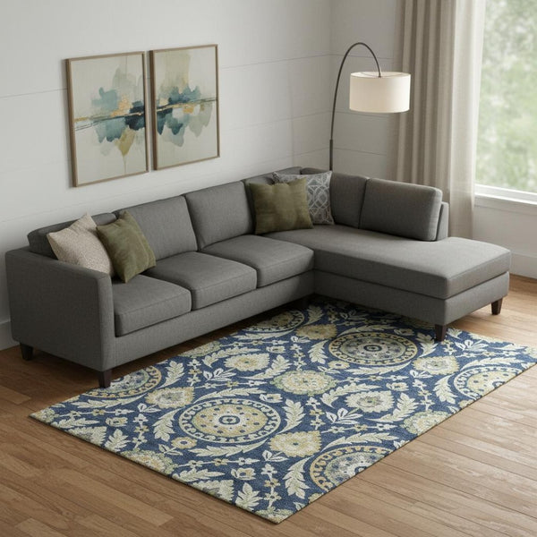 HomeRoots 10' Navy Blue Floral Area Rug - Washable, UV Protected, Durable & Stylish for Modern Living Spaces 663221