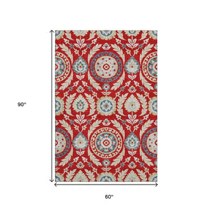 HomeRoots 5' X 8' Vibrant Red, Gold & Blue Floral Area Rug - Washable, UV Protected, Perfect for Busy Homes! 663235
