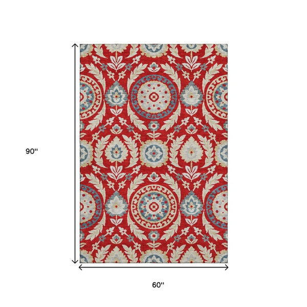 HomeRoots 5' X 8' Vibrant Red, Gold & Blue Floral Area Rug - Washable, UV Protected, Perfect for Busy Homes! 663235