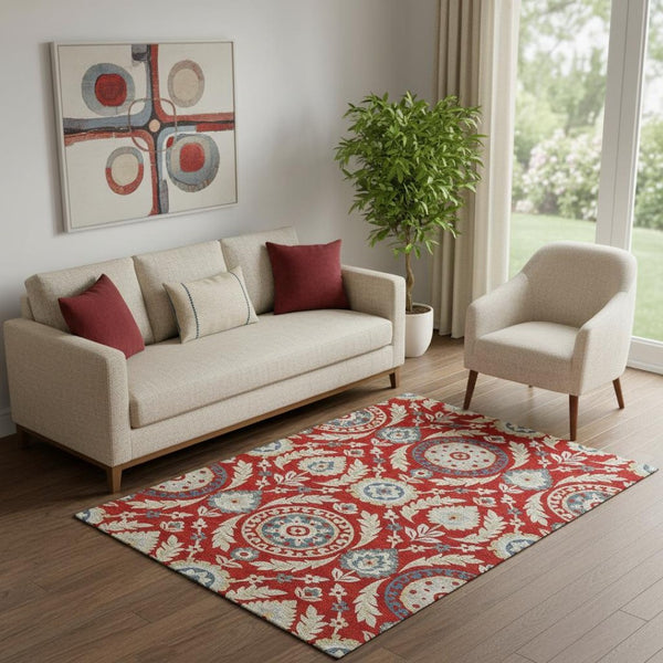 HomeRoots 5' X 8' Vibrant Red, Gold & Blue Floral Area Rug - Washable, UV Protected, Perfect for Busy Homes! 663235