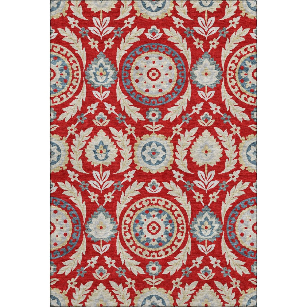 HomeRoots 5' X 8' Vibrant Red, Gold & Blue Floral Area Rug - Washable, UV Protected, Perfect for Busy Homes! 663235