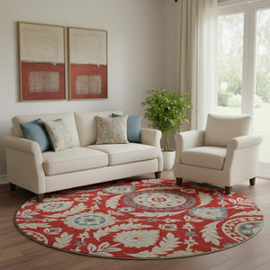 HomeRoots 8' Vibrant Red Gold and Blue Floral Washable Round Rug with UV Protection for Family-Friendly Spaces 663236