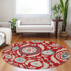 HomeRoots 8' Vibrant Red Gold and Blue Floral Washable Round Rug with UV Protection for Family-Friendly Spaces 663236