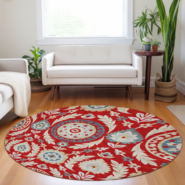 HomeRoots 8' Vibrant Red Gold and Blue Floral Washable Round Rug with UV Protection for Family-Friendly Spaces 663236