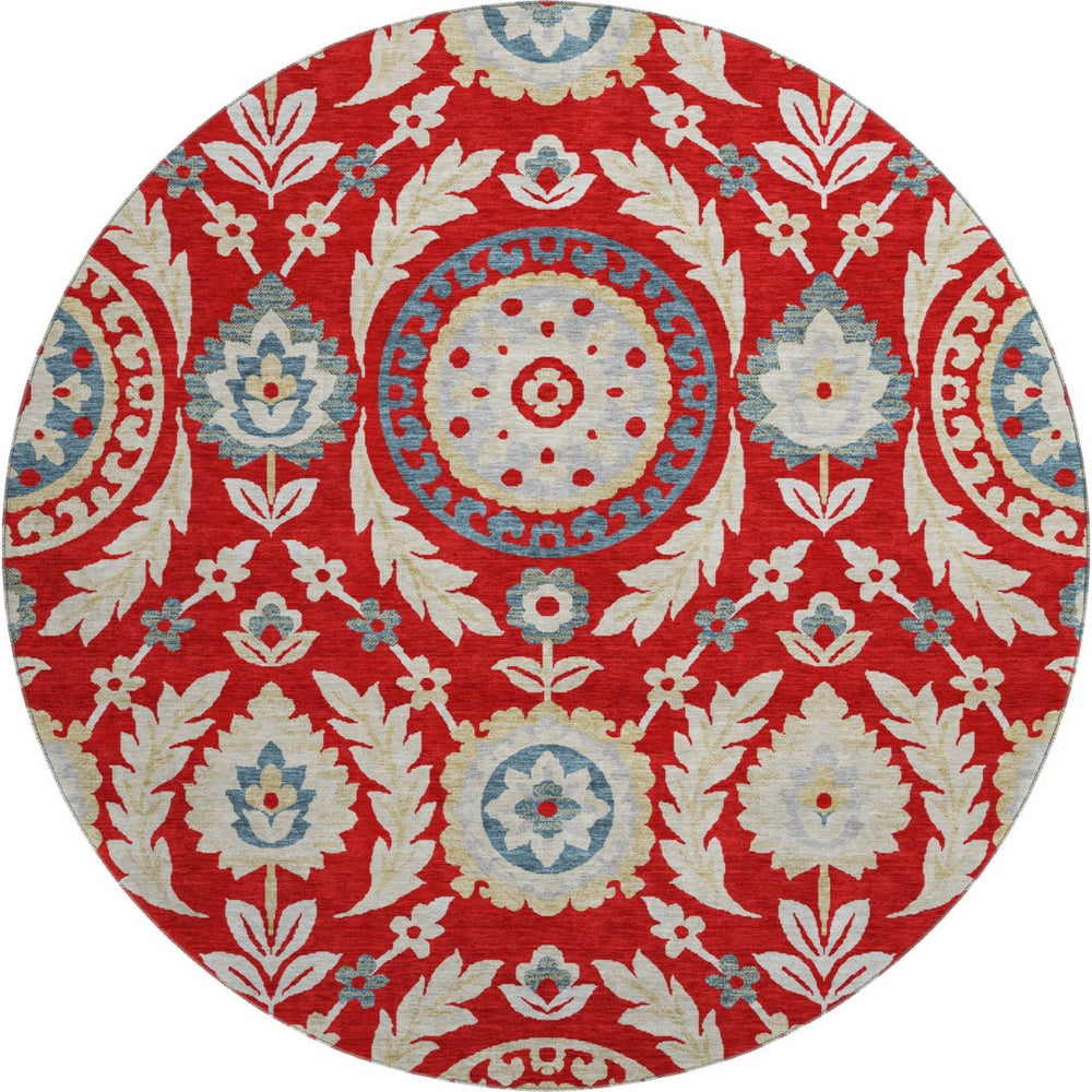 HomeRoots 8' Vibrant Red Gold and Blue Floral Washable Round Rug with UV Protection for Family-Friendly Spaces 663236