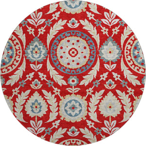 HomeRoots 8' Vibrant Red Gold and Blue Floral Washable Round Rug with UV Protection for Family-Friendly Spaces 663236