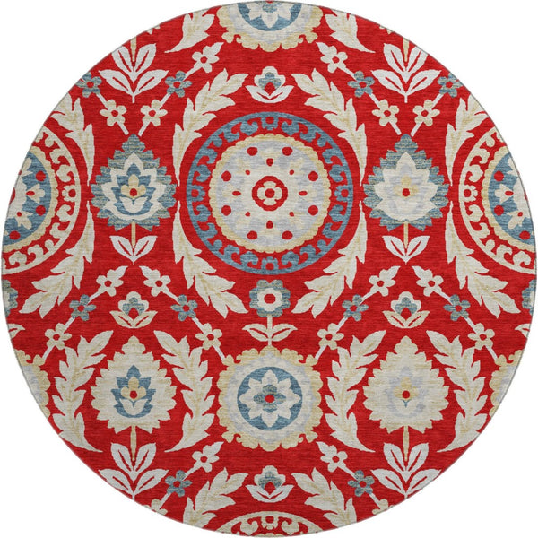 HomeRoots 8' Vibrant Red Gold and Blue Floral Washable Round Rug with UV Protection for Family-Friendly Spaces 663236