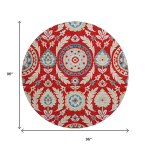HomeRoots 8' Vibrant Red Gold and Blue Floral Washable Round Rug with UV Protection for Family-Friendly Spaces 663236