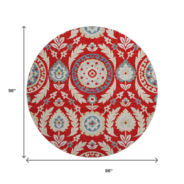 HomeRoots 8' Vibrant Red Gold and Blue Floral Washable Round Rug with UV Protection for Family-Friendly Spaces 663236
