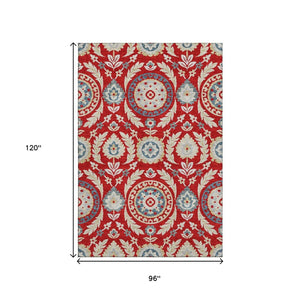 HomeRoots 8' X 10' Washable Red Gold Blue Floral Area Rug - UV Protected, Stain Resistant for High-Traffic Areas 663237