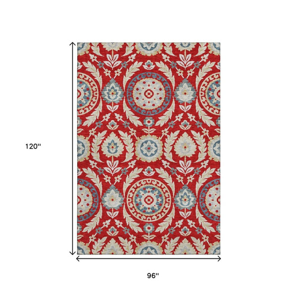 HomeRoots 8' X 10' Washable Red Gold Blue Floral Area Rug - UV Protected, Stain Resistant for High-Traffic Areas 663237