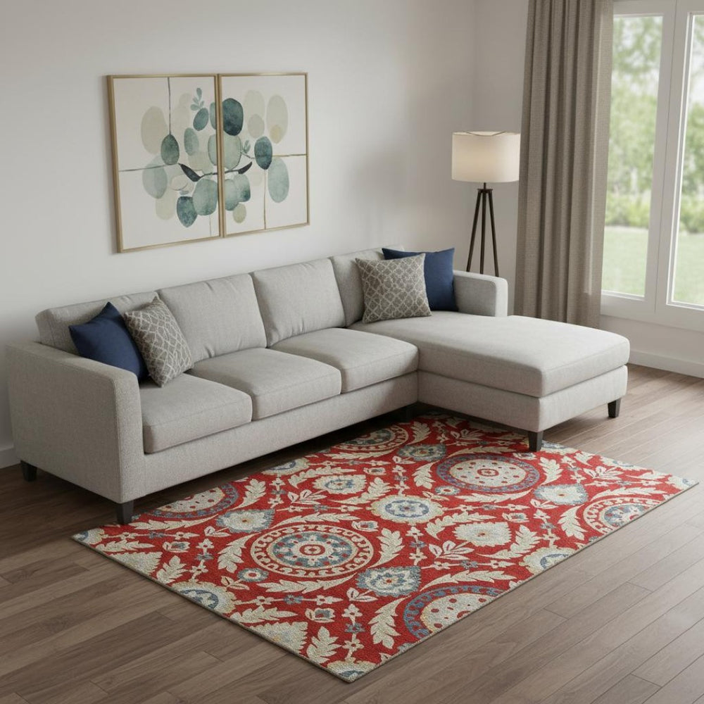 HomeRoots 8' X 10' Washable Red Gold Blue Floral Area Rug - UV Protected, Stain Resistant for High-Traffic Areas 663237