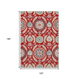 HomeRoots 10' X 14' Washable Floral Area Rug in Red, Gold & Blue – UV Protected, Stain Resistant & Low Maintenance 663239