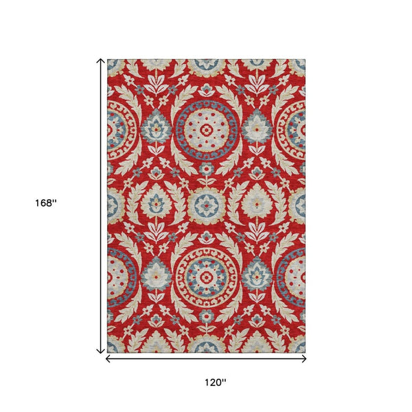 HomeRoots 10' X 14' Washable Floral Area Rug in Red, Gold & Blue – UV Protected, Stain Resistant & Low Maintenance 663239