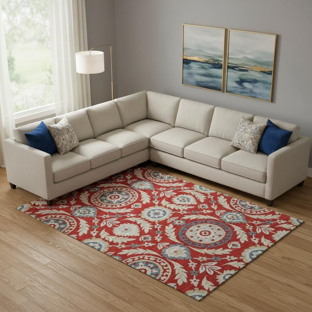 HomeRoots 10' X 14' Washable Floral Area Rug in Red, Gold & Blue – UV Protected, Stain Resistant & Low Maintenance 663239