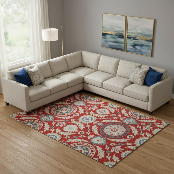 HomeRoots 10' X 14' Washable Floral Area Rug in Red, Gold & Blue – UV Protected, Stain Resistant & Low Maintenance 663239