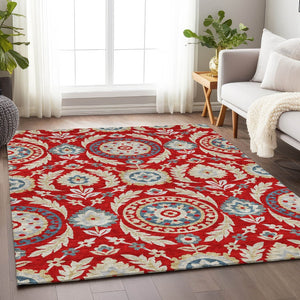 HomeRoots 10' X 14' Washable Floral Area Rug in Red, Gold & Blue – UV Protected, Stain Resistant & Low Maintenance 663239