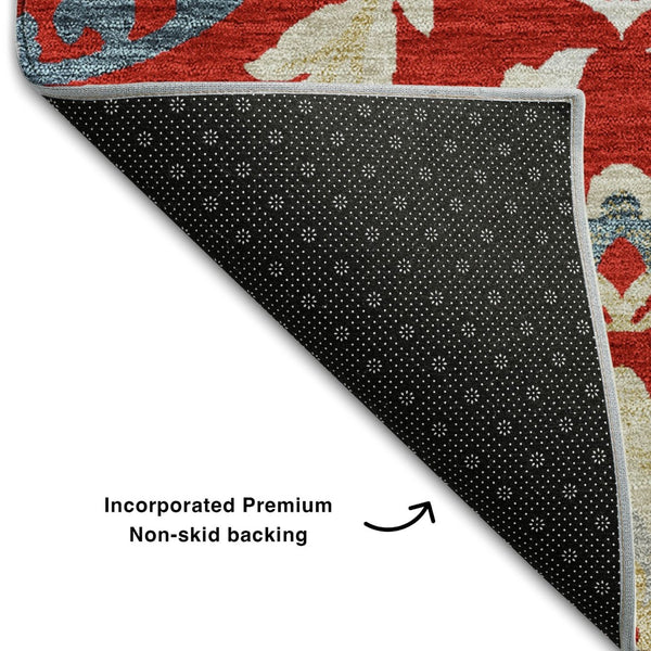 HomeRoots 10' X 14' Washable Floral Area Rug in Red, Gold & Blue – UV Protected, Stain Resistant & Low Maintenance 663239