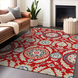 HomeRoots 10' X 14' Washable Floral Area Rug in Red, Gold & Blue – UV Protected, Stain Resistant & Low Maintenance 663239