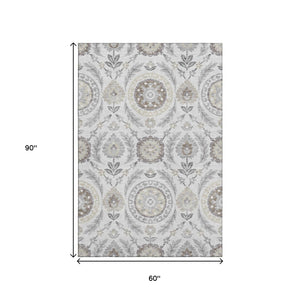 HomeRoots 5' X 8' Silver Gray & Beige Floral Area Rug - Washable, UV Protected, Stain-Resistant, Durable Design 663241