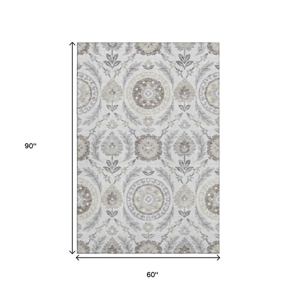HomeRoots 5' X 8' Silver Gray & Beige Floral Area Rug - Washable, UV Protected, Stain-Resistant, Durable Design 663241