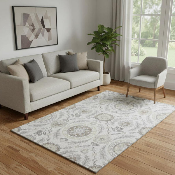 HomeRoots 5' X 8' Silver Gray & Beige Floral Area Rug - Washable, UV Protected, Stain-Resistant, Durable Design 663241