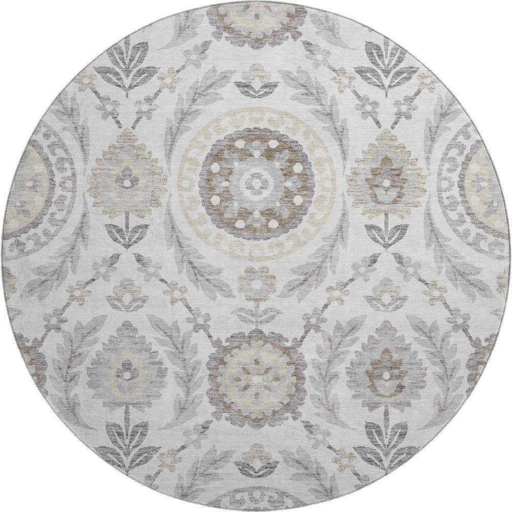 HomeRoots 8' Elegant Silver Gray & Beige Floral Washable Round Rug – Durable, UV-Protected Design for Homes 663242