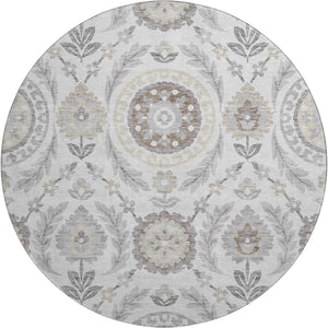 HomeRoots 8' Elegant Silver Gray & Beige Floral Washable Round Rug – Durable, UV-Protected Design for Homes 663242