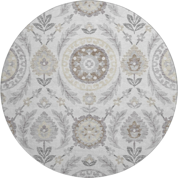 HomeRoots 8' Elegant Silver Gray & Beige Floral Washable Round Rug – Durable, UV-Protected Design for Homes 663242