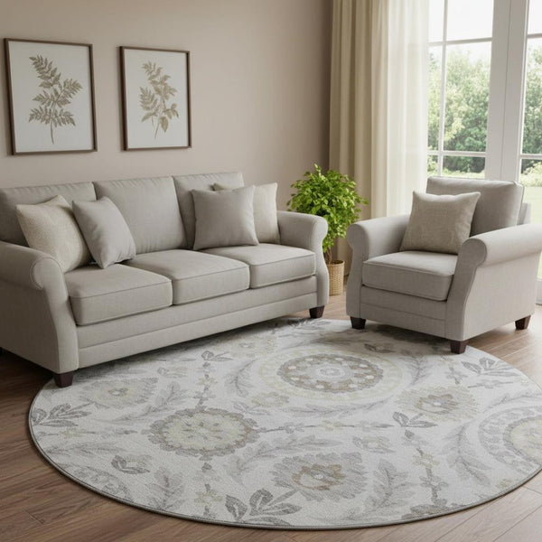 HomeRoots 8' Elegant Silver Gray & Beige Floral Washable Round Rug – Durable, UV-Protected Design for Homes 663242
