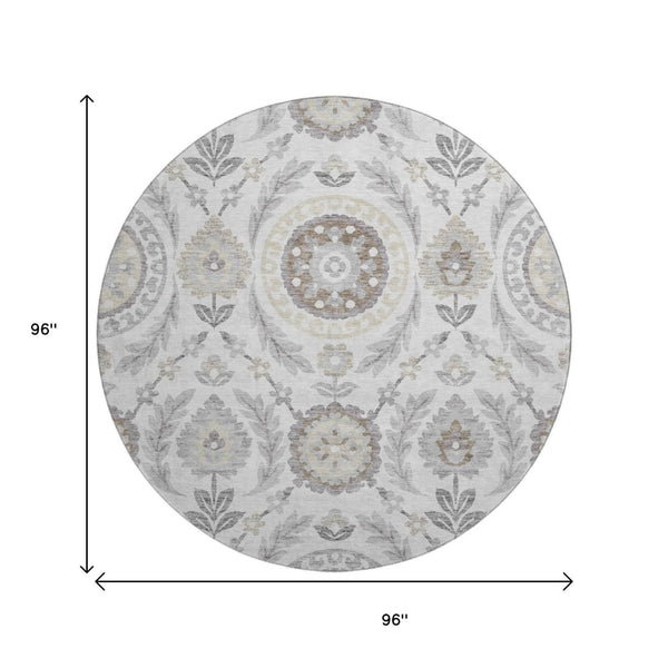 HomeRoots 8' Elegant Silver Gray & Beige Floral Washable Round Rug – Durable, UV-Protected Design for Homes 663242